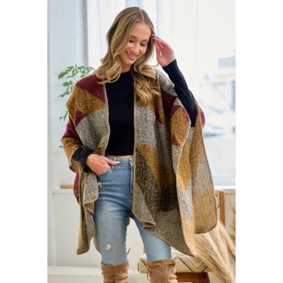 SOLD OUT Wine Multi Color Knit Shawl Open Wrap Geo Block Cardigan Sweater - Picture 5 of 8